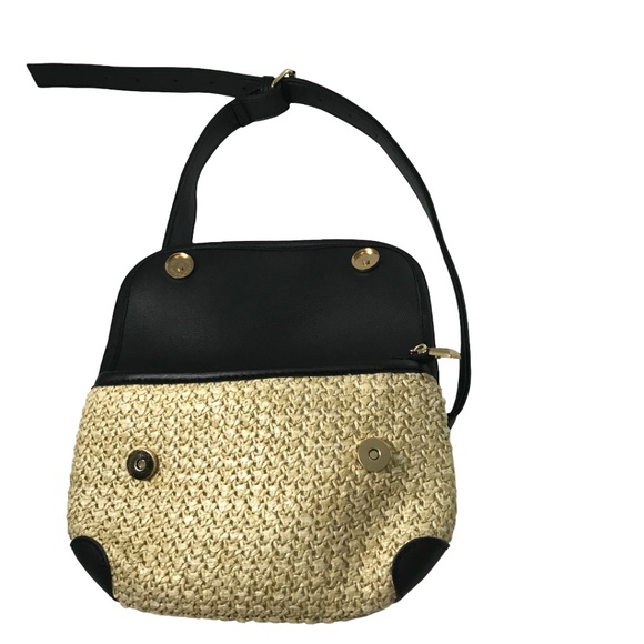 Straw Woven Crossbody Bag with Black Faux Leather Trim - Picture 6 of 7